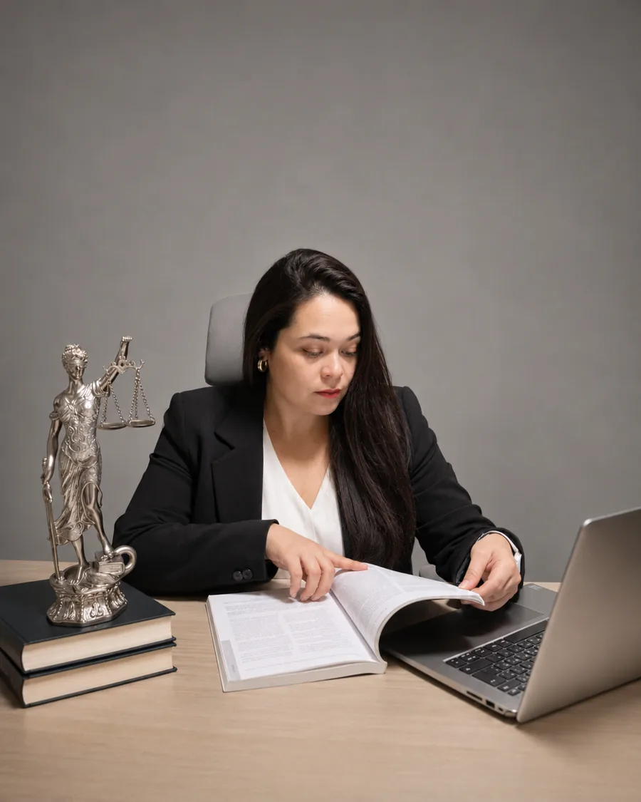 Katherine Meza revisando documentación legal en su escritorio en Castro
